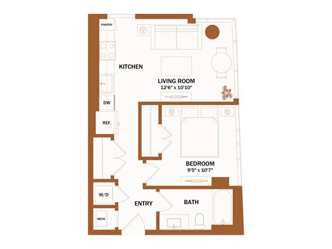 A floor plan of a house with a living room, kitchen, dining room, and bathroom.